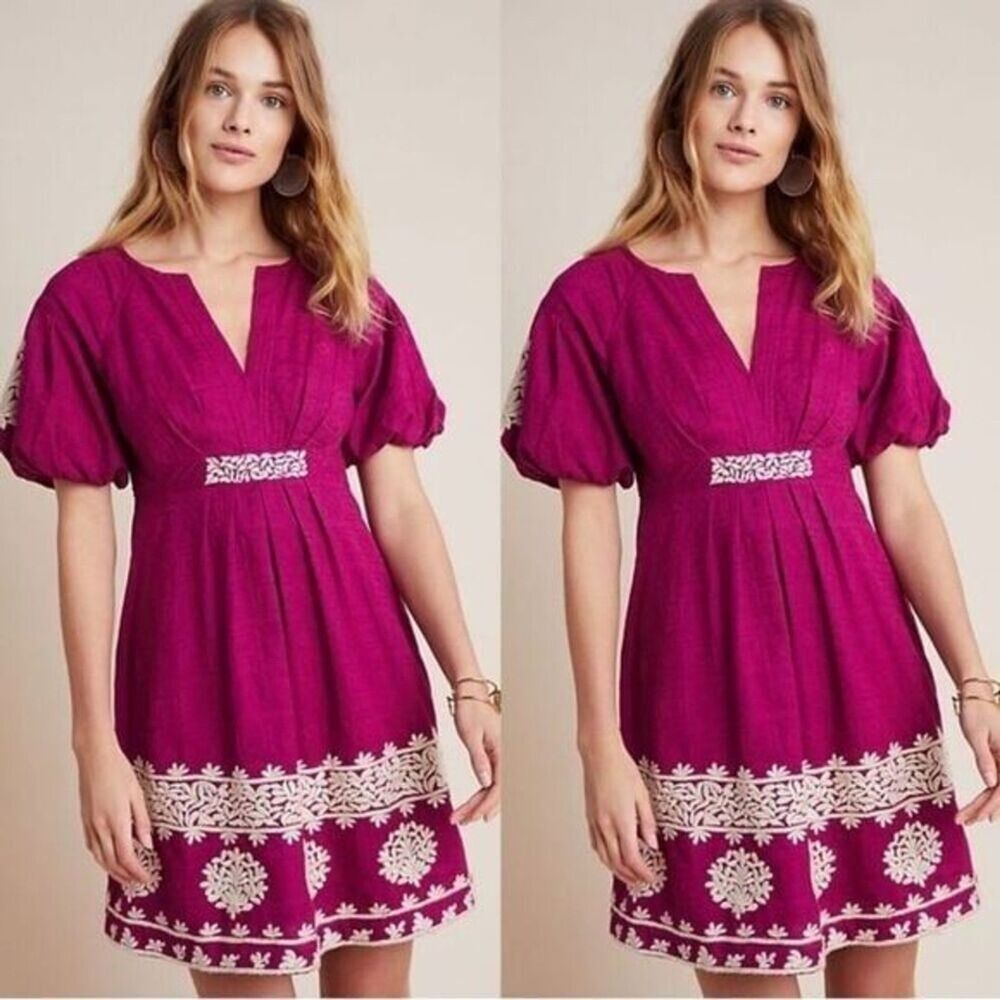 Anthropologie Magenta Embroidered Mini Dress With Puff Sleeves & V-Neckline